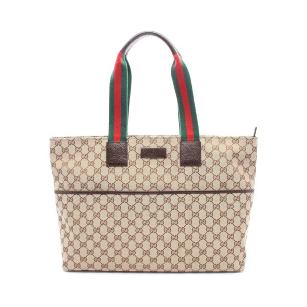 Gucci Webbing Tote Bag Canvas Leather Multicolor Beige Brown